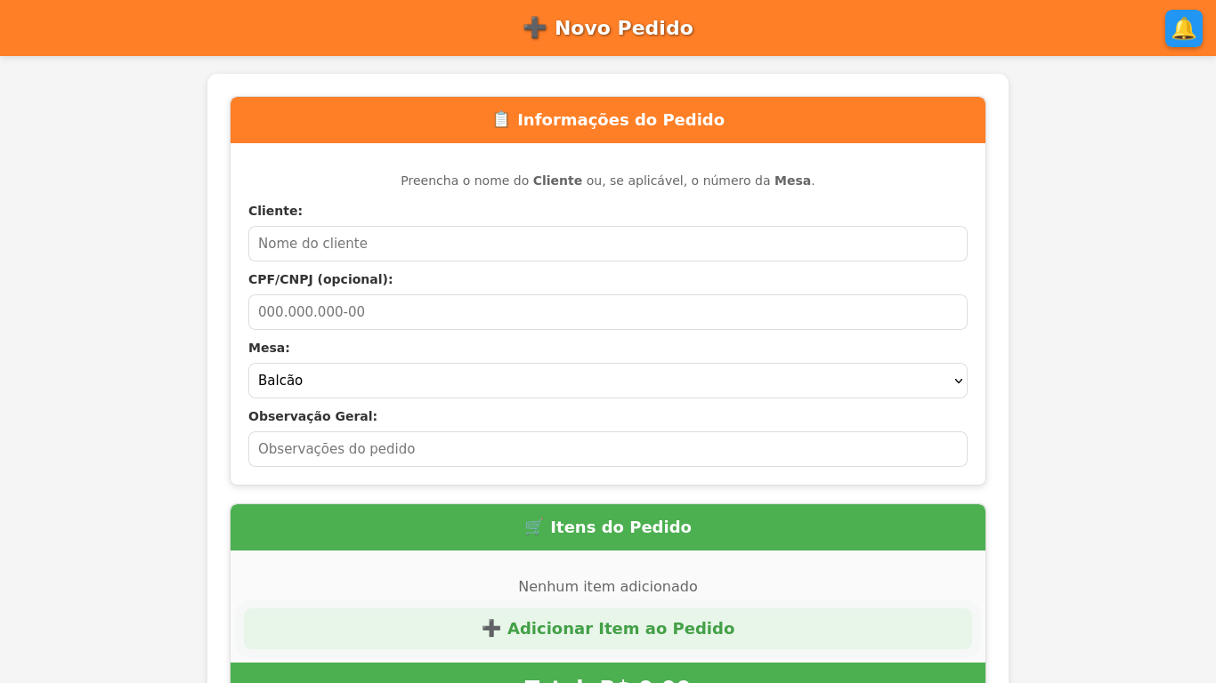 Novo pedido - Formulário
