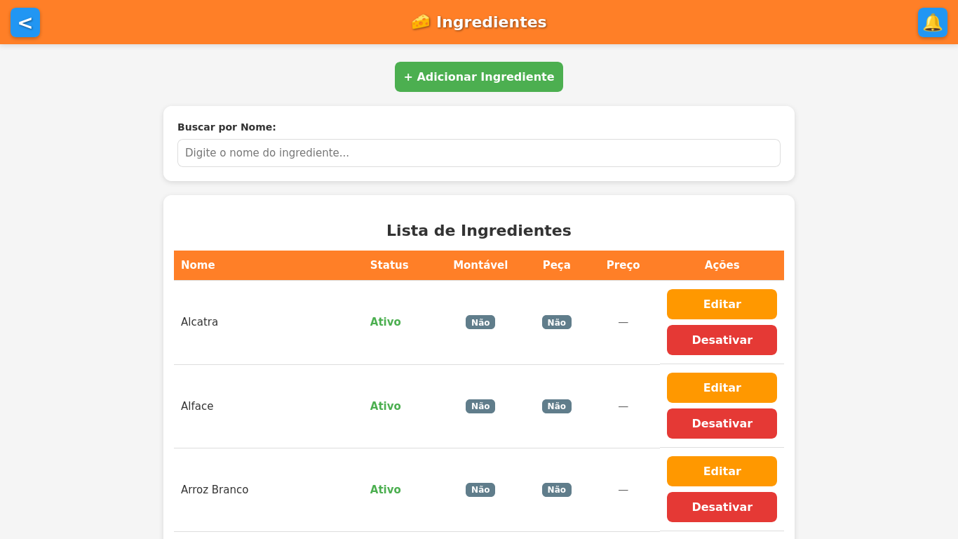 Cadastro de ingredientes