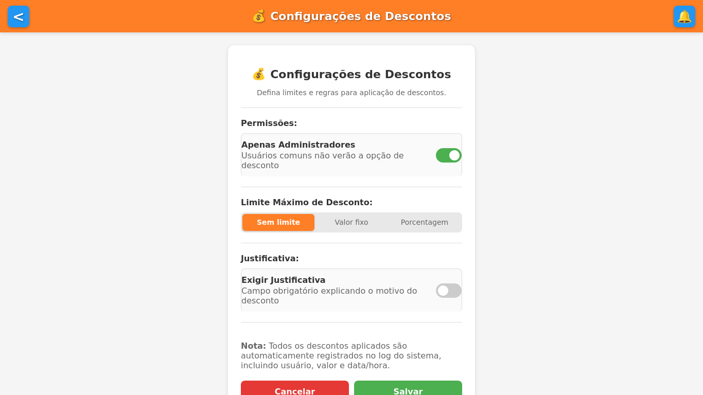 Configurações de descontos