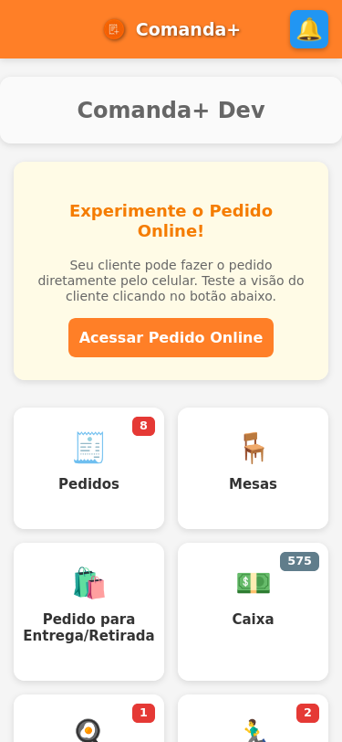 Painel principal no celular