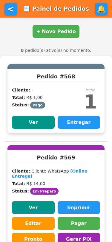 Lista de pedidos no celular