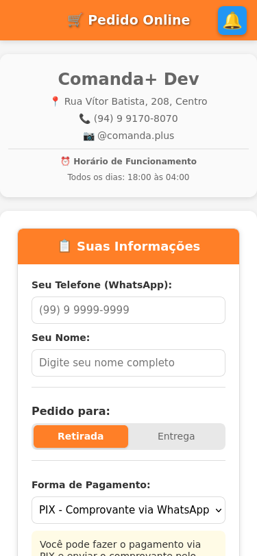 Pedido Online no Celular - Comanda+