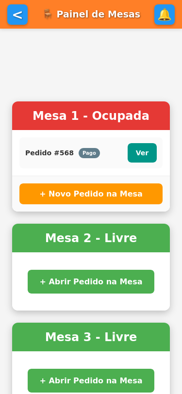 Painel de mesas no celular